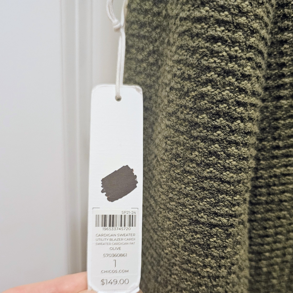 NWT Chico’s Size 1 Olive Green Textured Sweater Jacket Double Breasted - Picture 8 of 9
